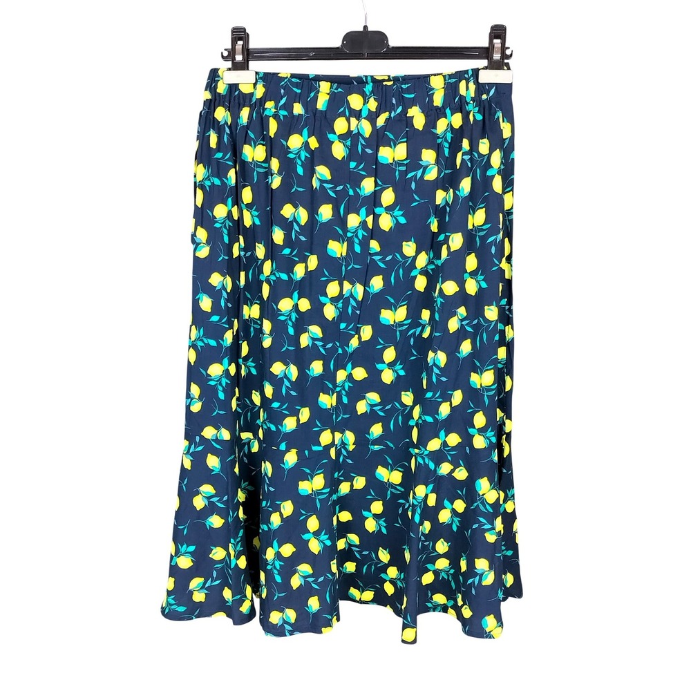Banana Republic Cotton Viscose Lemon Print Wrap Midi Skirt Womens 8 Navy Blue - Picture 3 of 5